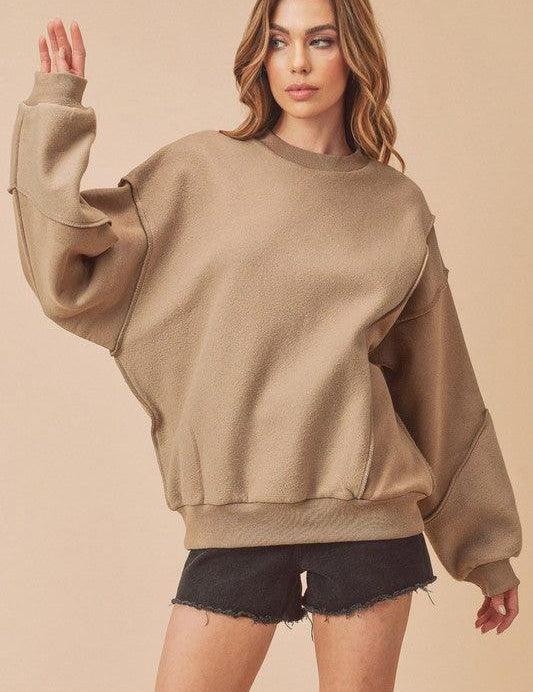 Camel Aemi + Co Exposed Seam Round Neck Drop Shoulder Sweatshirt | Sweatshirts Daverri Fashions