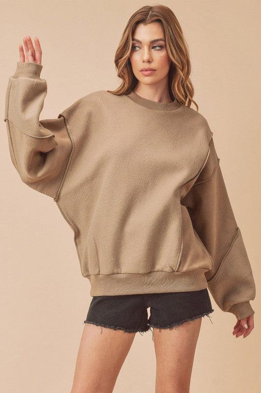 Camel Aemi + Co Exposed Seam Round Neck Drop Shoulder Sweatshirt | Sweatshirts Daverri Fashions