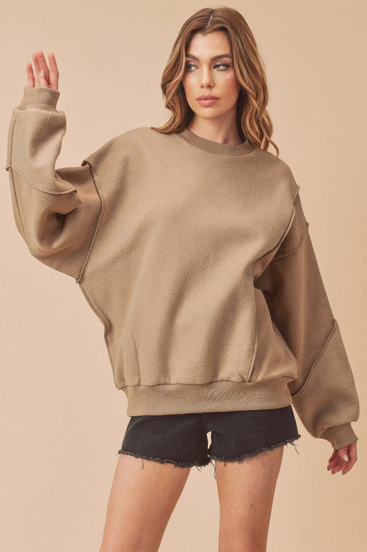 Aemi + Co Exposed Seam Round Neck Drop Shoulder Sweatshirt Camel Sweatshirts