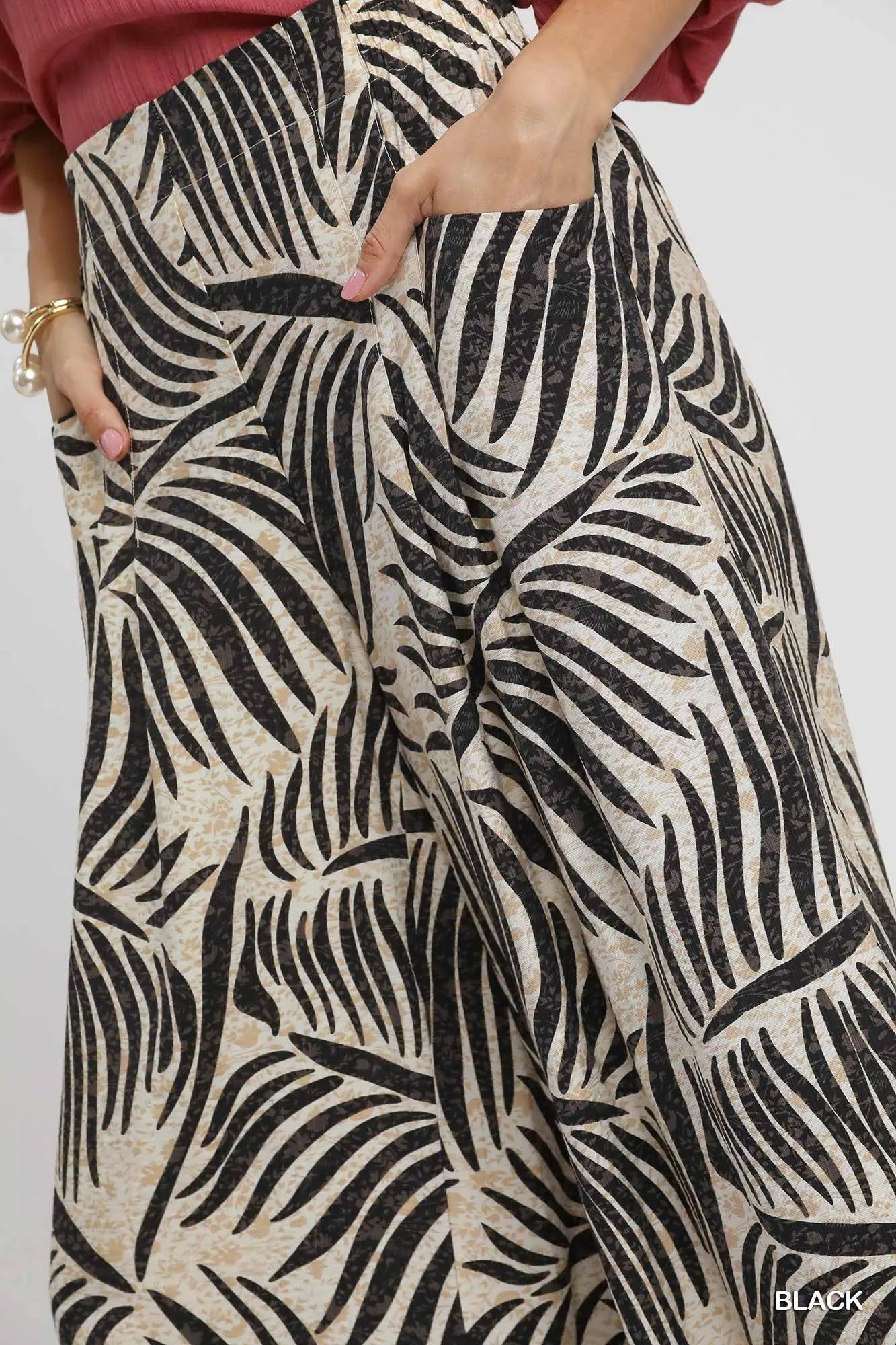 Umgee Palm Leaf Print Wide Leg Culotte Pants Pants