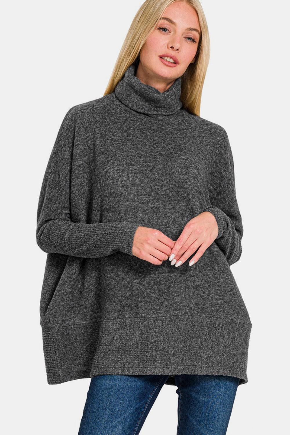 Brushed Melange Hacci Black Turtleneck Sweater - DAVERRI FASHIONS