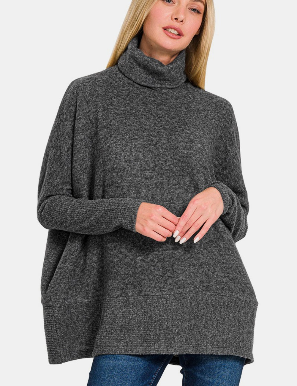 Black S M Brushed Melange Hacci Black Turtleneck Sweater | Sweaters Daverri Fashions