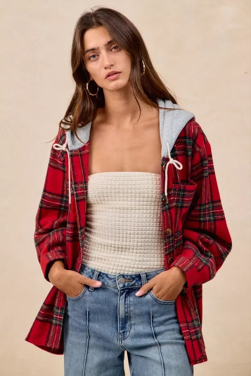 BiBi Brushed Plaid Hooded Jacket - DAVERRI FASHIONS
