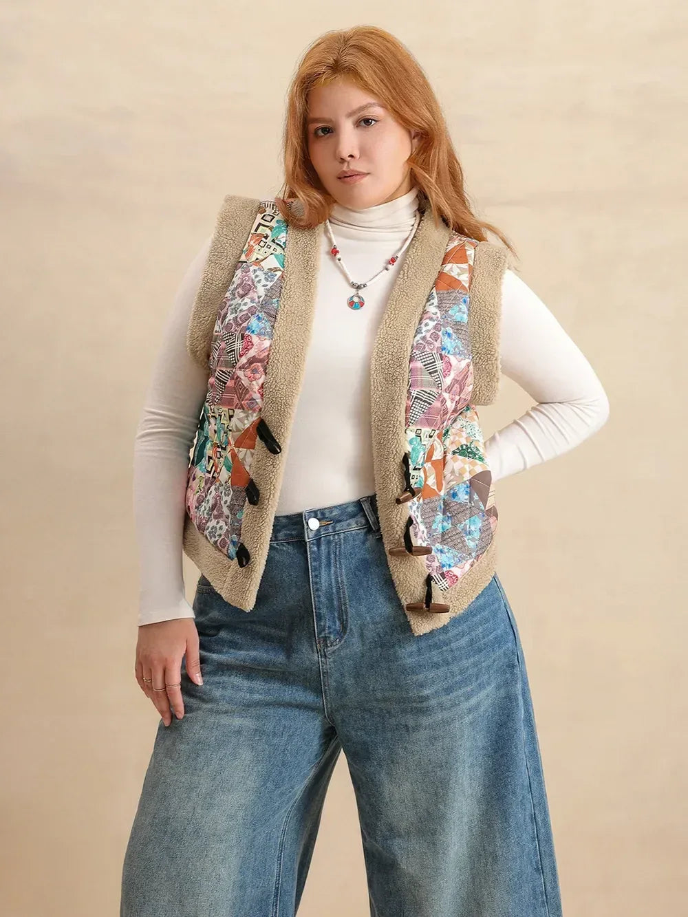 Plus Size Printed Sherpa Vest Coat - DAVERRI FASHIONS