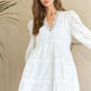 ADORA Lace Detail Tiered Eyelet V-Neck Babydoll Dress White S Babydoll Dresses