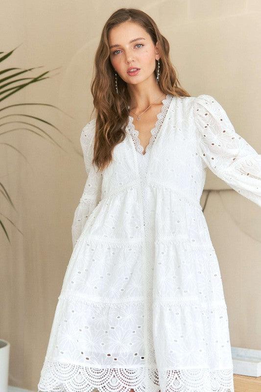 ADORA Lace Detail Tiered Eyelet V-Neck Babydoll Dress White S Babydoll Dresses