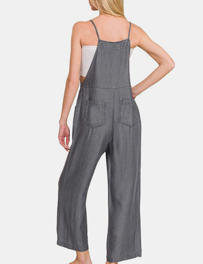 Zenana Washed Adjustable Strap Wide Leg Denim Overalls