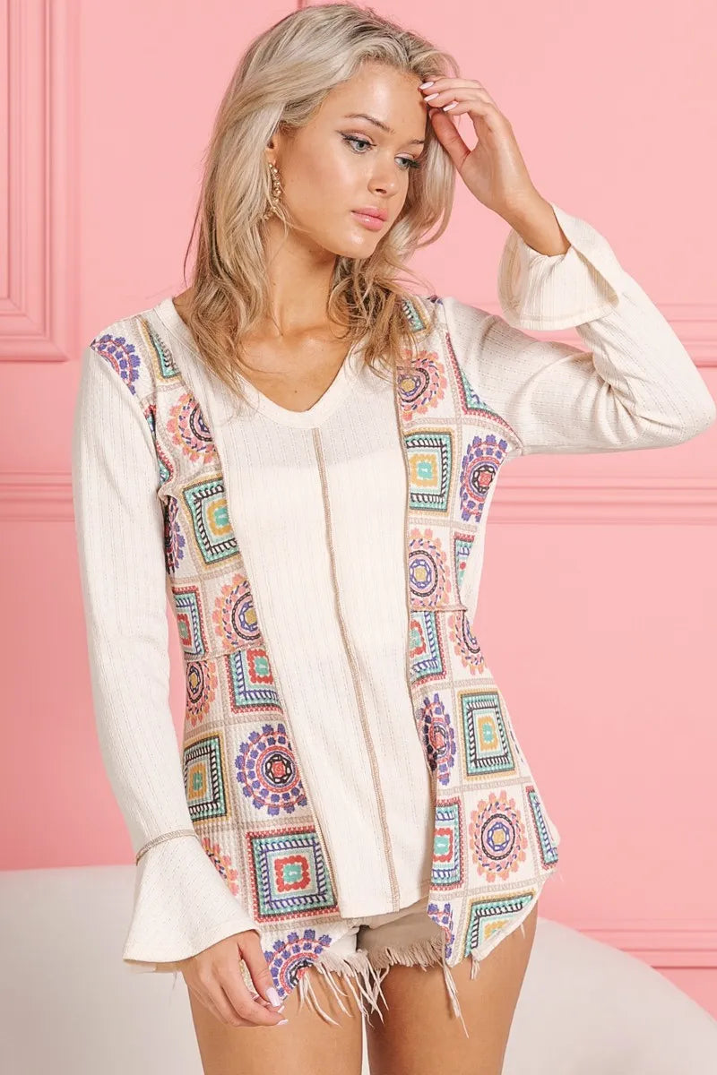 BiBi Granny Square Print Contrast Annie Rib V Neck Top Tops