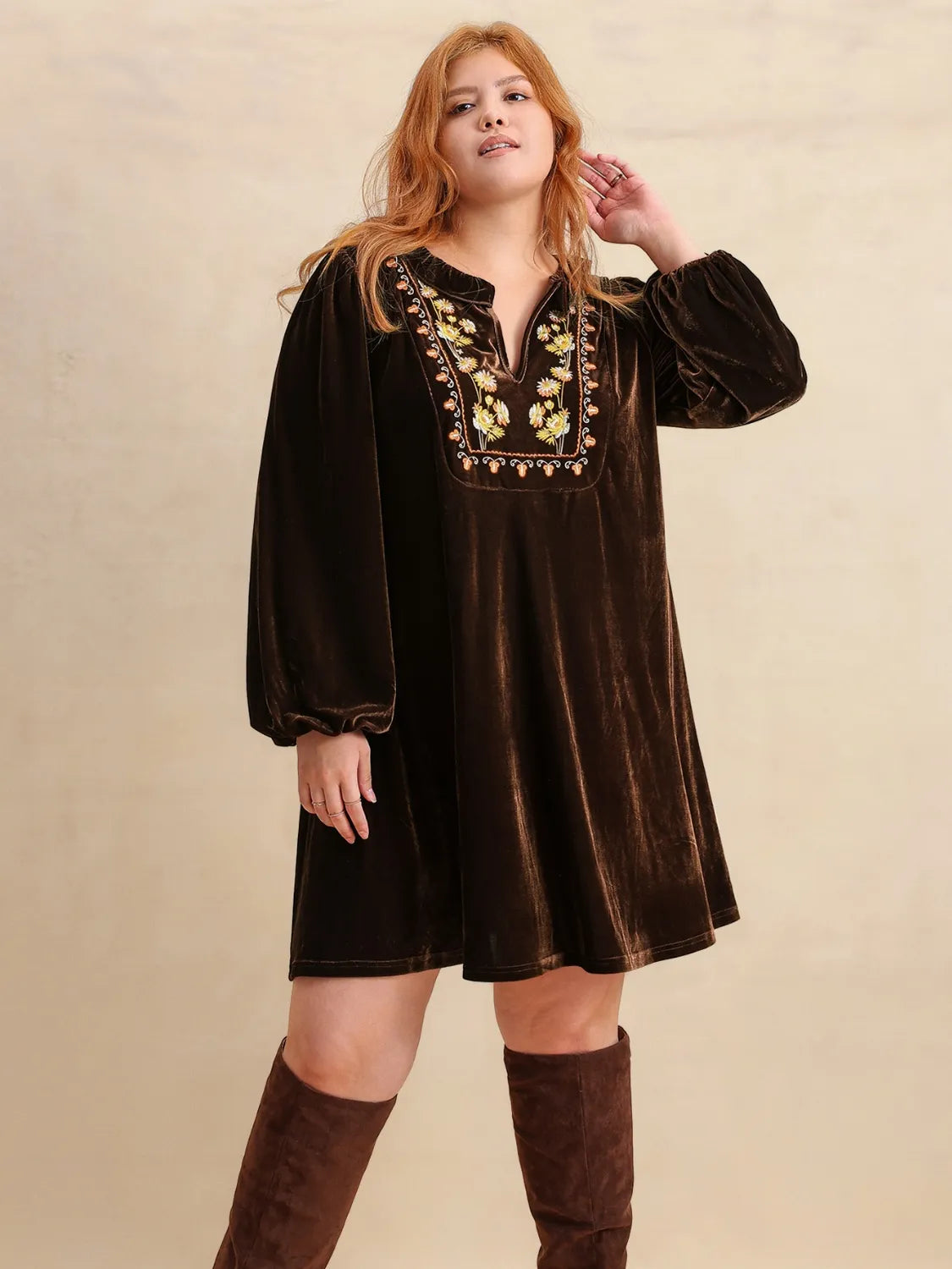 Plus Size Embroidered Notched Balloon Sleeve Mini Dress | Daverri Fashions