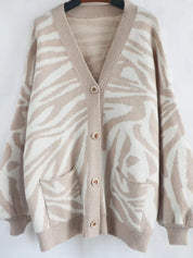 Beige zebra print button-up cardigan with pockets