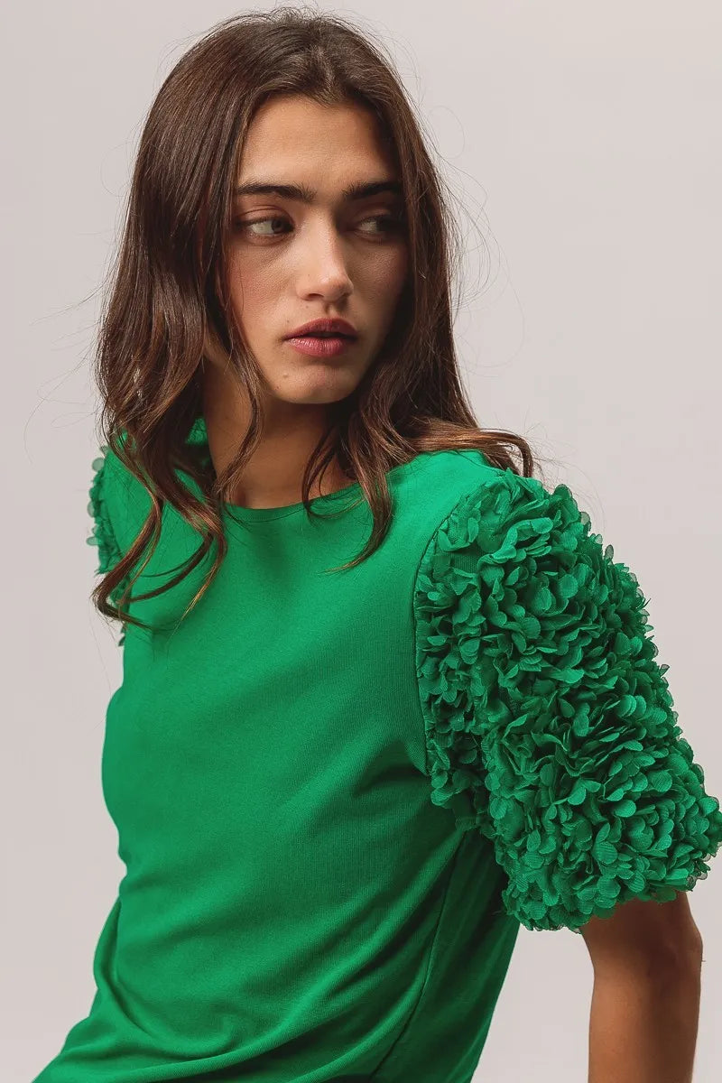 BiBi Short Mesh Flower Sleeve Knit Top Tops