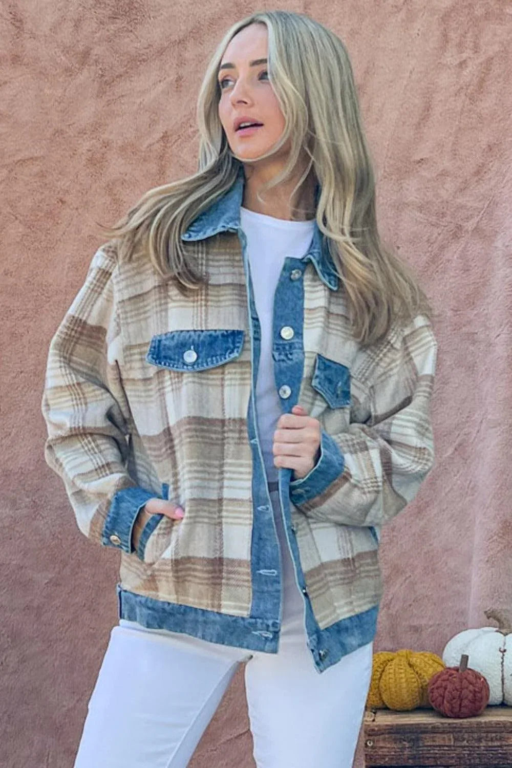 And The Why Full Size Washed Denim Detail Brushed Plaid Jacket - DAVERRI FASHIONS