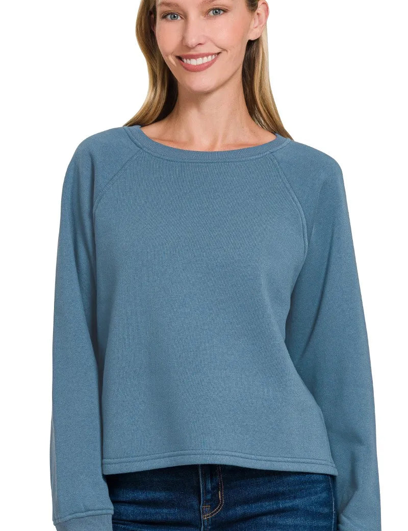 DUSTY BLUE Zenana Fleece Raglan Round-Neck Sweatshirt | Sweatshirts Daverri Fashions
