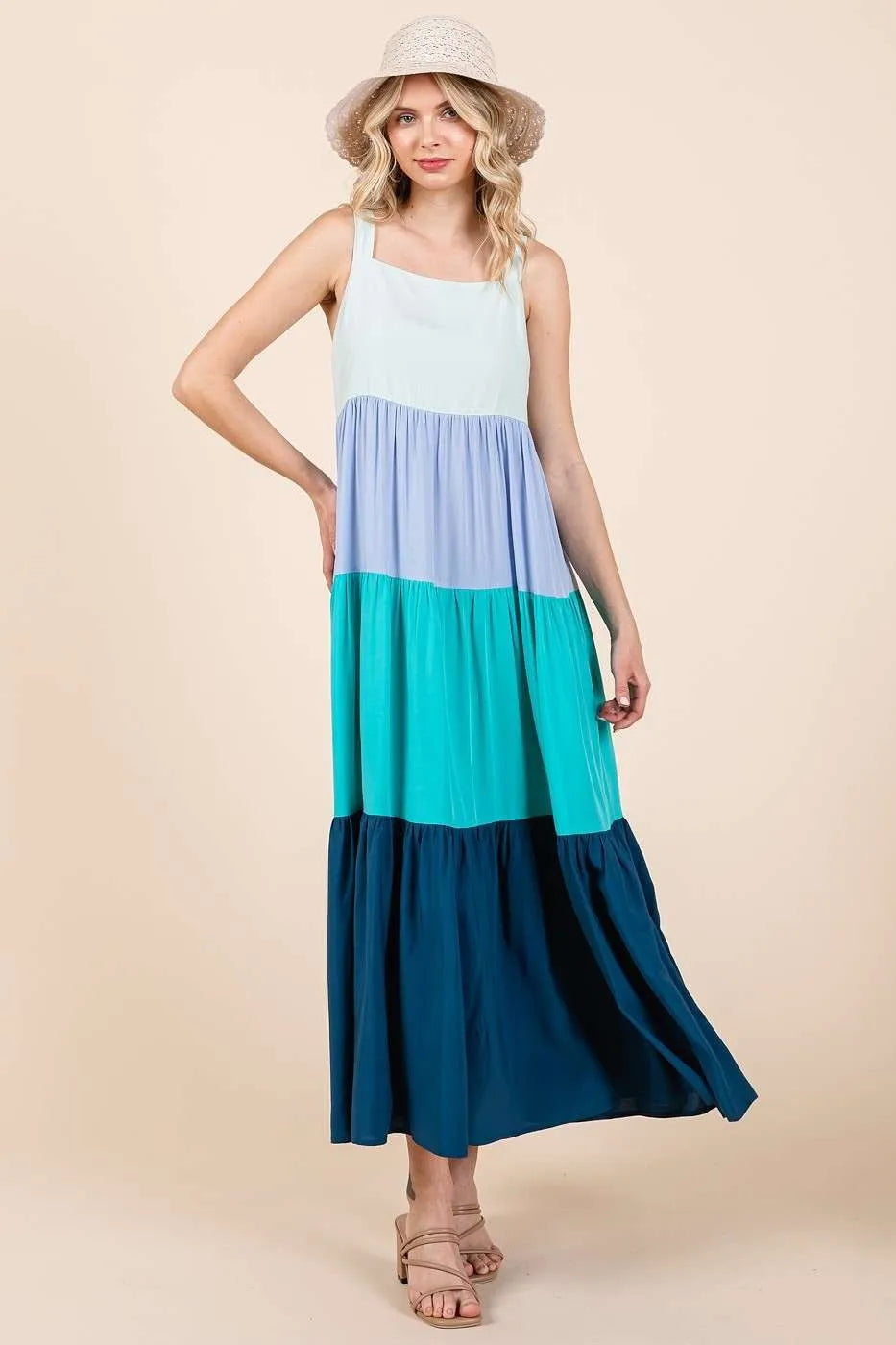 Mittoshop color block tiered pull-on maxi dress in pastel blue, mint green, teal