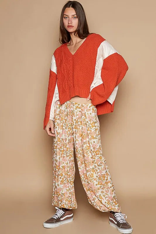 POL Cable Knit Quilting Patch V-Neck Contrast Sweater Orange | Sweaters Daverri Fashions