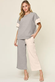 Light Gray Double Take Full Size Texture Contrast T-Shirt and Wide Leg Pants Set | Outfit Sets Daverri Fashions