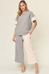 Double Take Full Size Texture Contrast T-Shirt and Wide Leg Pants Set Light Gray Outfit Sets