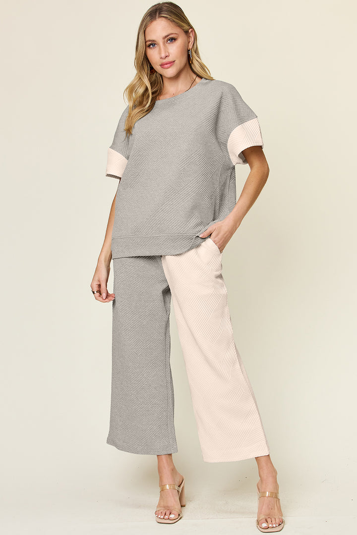 Double Take Full Size Texture Contrast T-Shirt and Wide Leg Pants Set Light Gray Outfit Sets