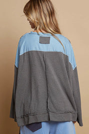 POL Exposed Seam Relaxed Fit Sweater with Star Denim Patch | Sweaters Daverri Fashions