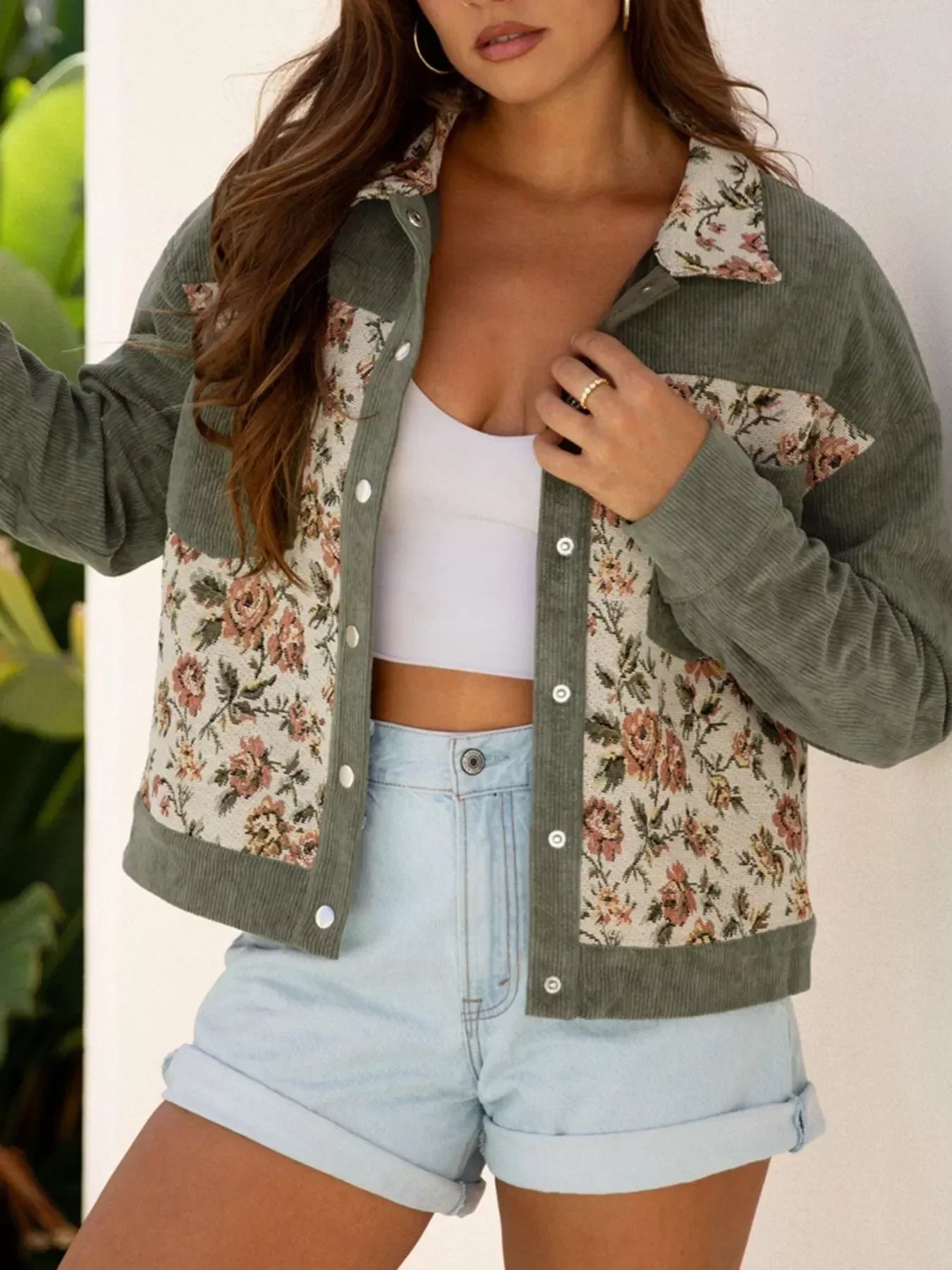 Floral Snap Down Corduroy Jacket - DAVERRI FASHIONS