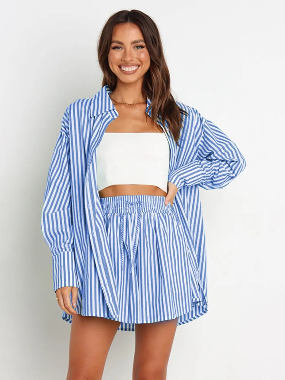 Blue and white striped oversized button-up shirt in relaxed fit from Striped Dropped Shoulder Set