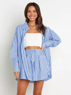 Blue and white striped oversized button-up shirt in relaxed fit from Striped Dropped Shoulder Set