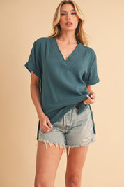 Aemi + Co Side Slit V-Neck Short Sleeve Blouse Deep Teal