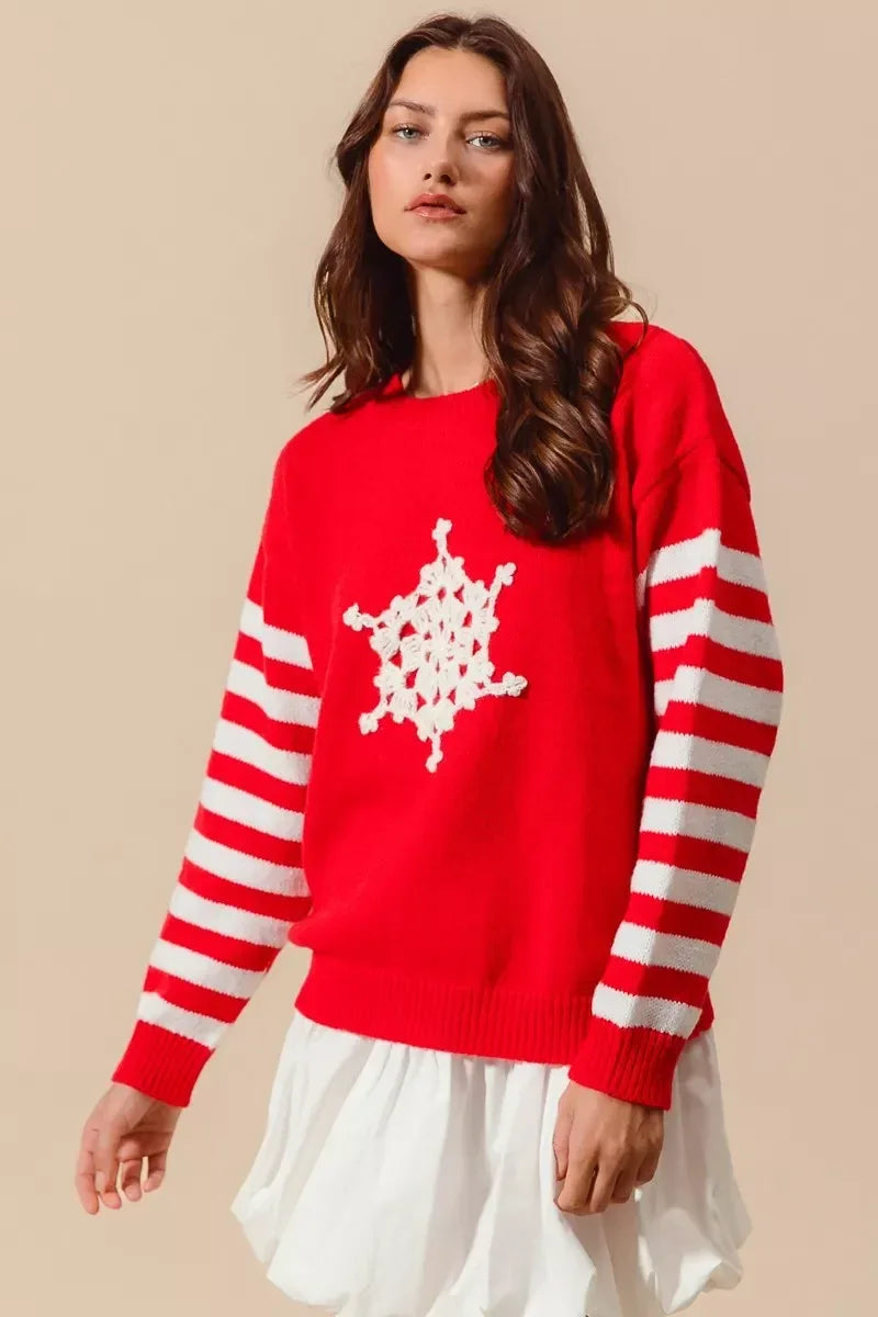 SO ME Christmas Snowflake Crochet Embellished Sweater - DAVERRI FASHIONS