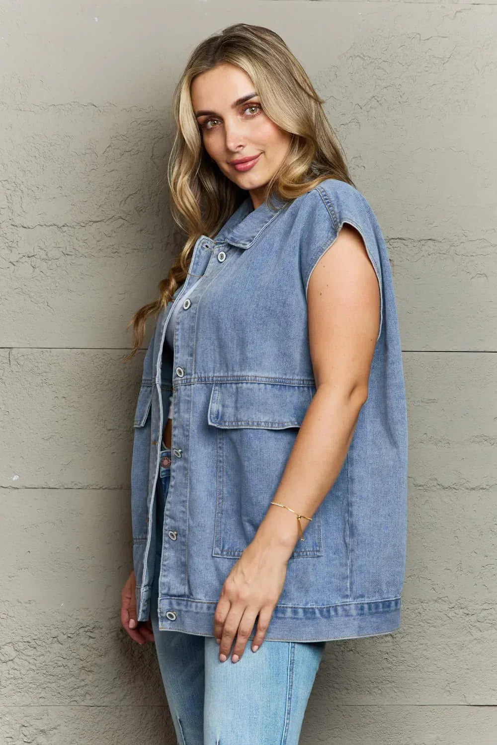 Collared Neck Sleeveless Denim Top with Pockets - DAVERRI FASHIONS