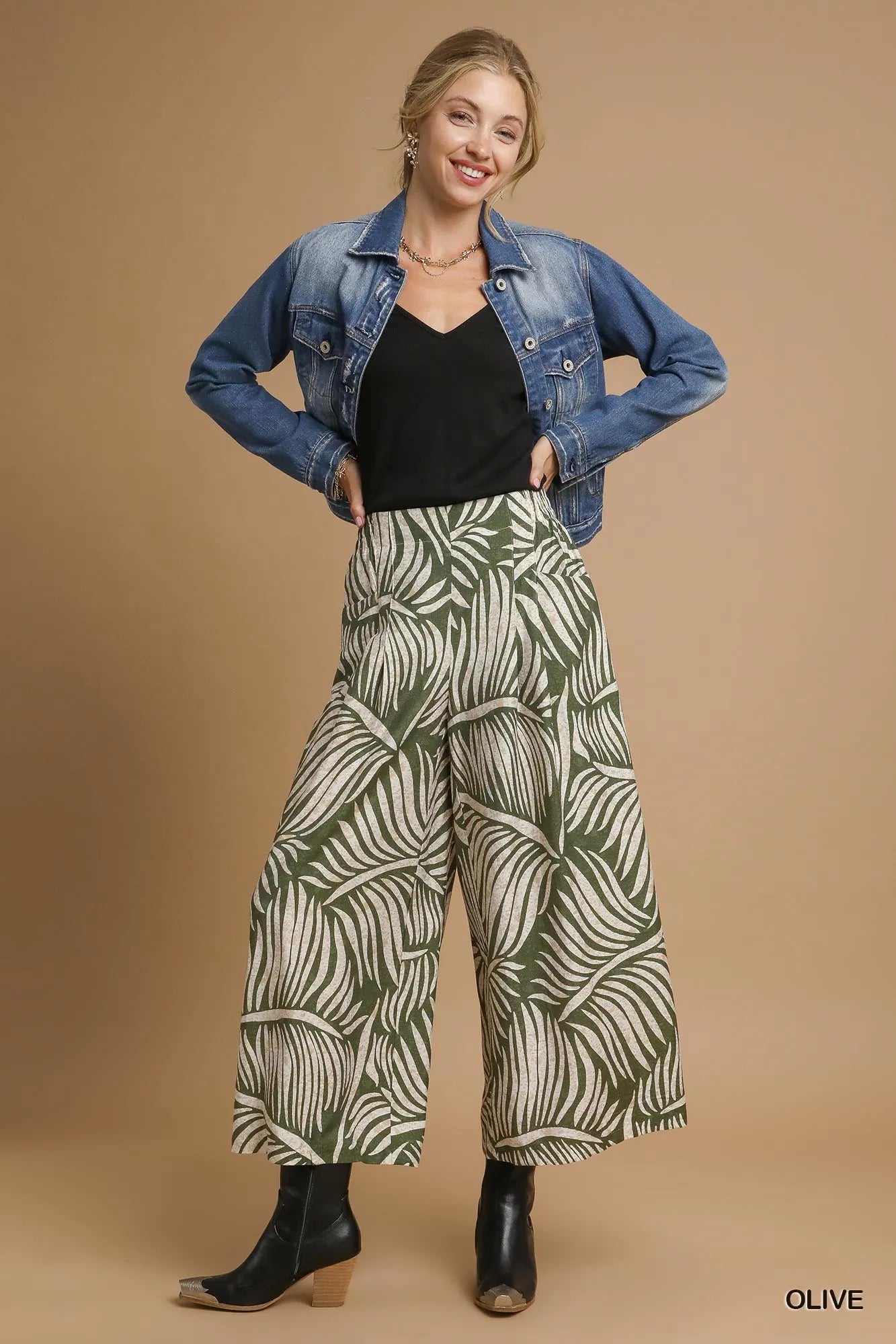 Umgee Palm Leaf Print Wide Leg Culotte Pants Pants