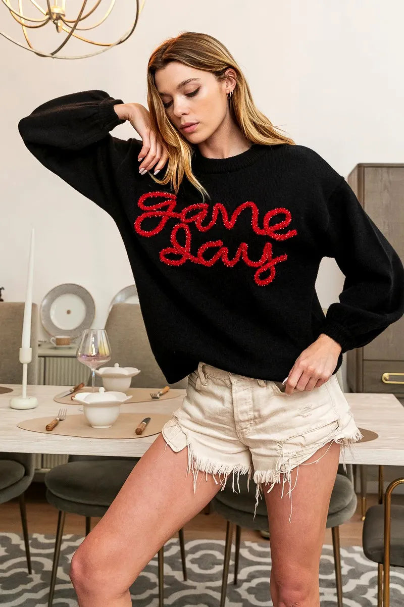 BiBi Game Day Metallic Letter Sweater | Daverri Fashions