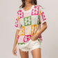 BiBi Flower Checker Pattern Lightweight Sweater Top - DAVERRI FASHIONS