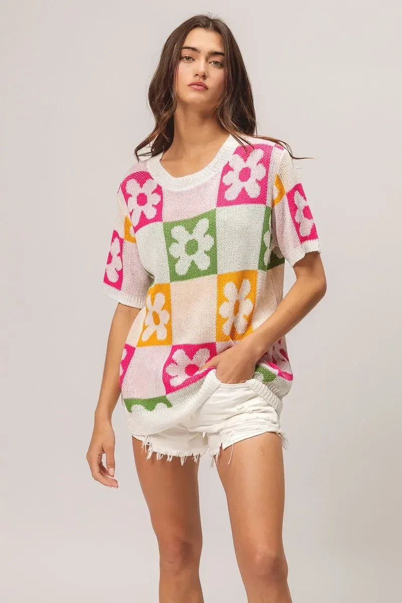 BiBi Flower Checker Pattern Lightweight Sweater Top - DAVERRI FASHIONS
