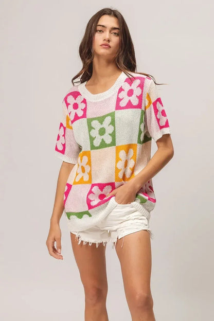 BiBi Flower Checker Pattern Lightweight Sweater Top - DAVERRI FASHIONS