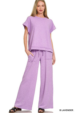 Zenana lavender slub loungewear set: relaxed tee and wide-leg pants