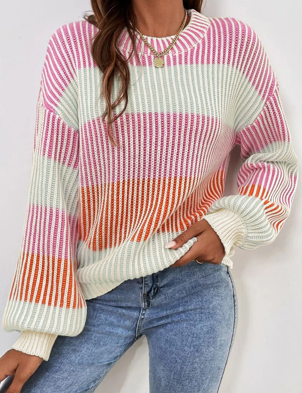 Pink 60%Cotton+40%Acrylic Colorblock Textured Knit Bubble Sleeve Sweater | Sweaters Daverri Fashions