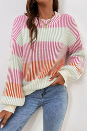 Pink 60%Cotton+40%Acrylic Colorblock Textured Knit Bubble Sleeve Sweater | Sweaters Daverri Fashions