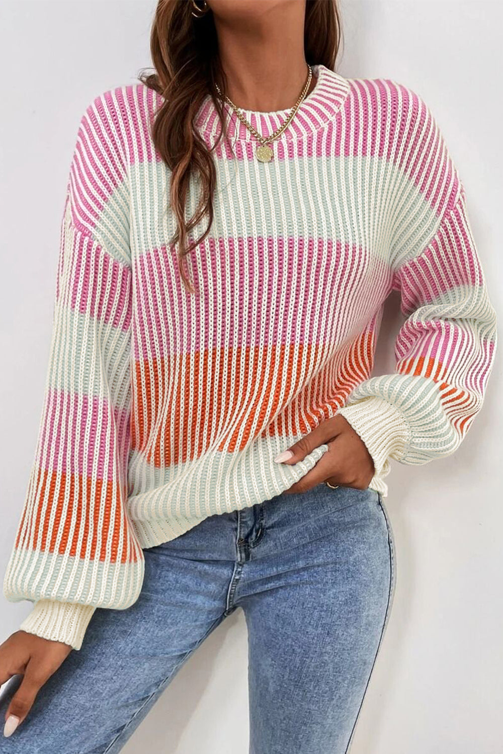 Pink 60%Cotton+40%Acrylic Colorblock Textured Knit Bubble Sleeve Sweater | Sweaters Daverri Fashions