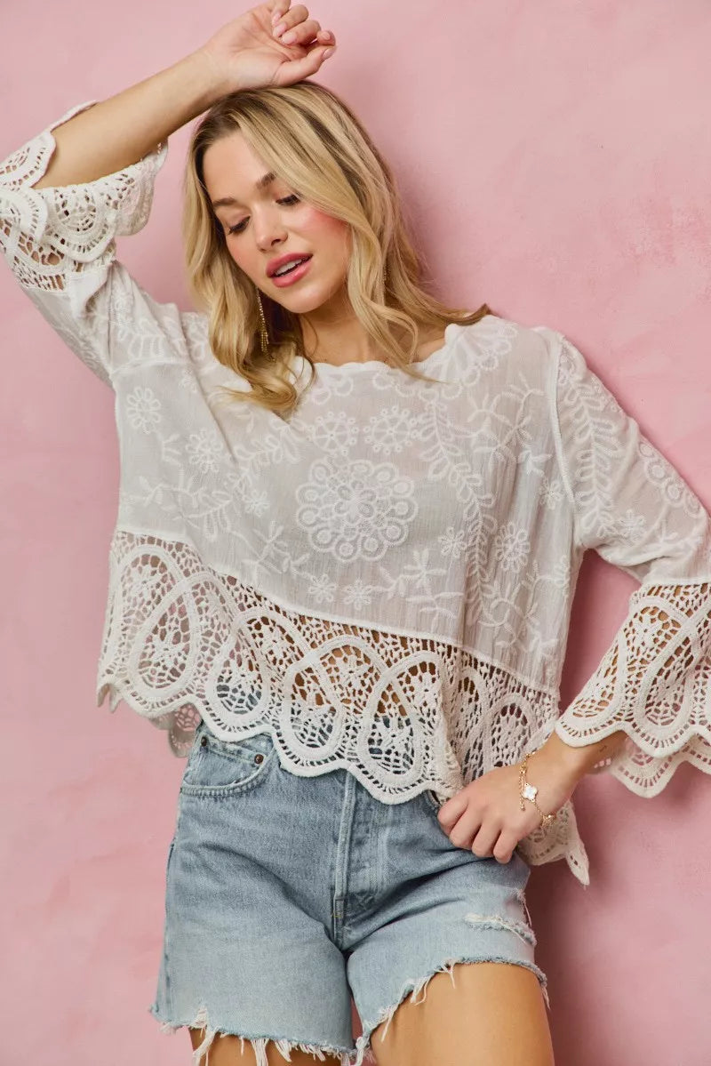 SO ME floral embroidered crochet lace trimmed top with bell sleeves