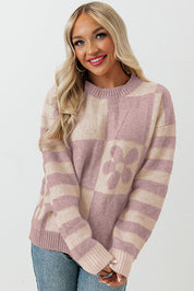 Checkered Floral Print Striped Sleeve Sweater | Sweaters Daverri Fashions