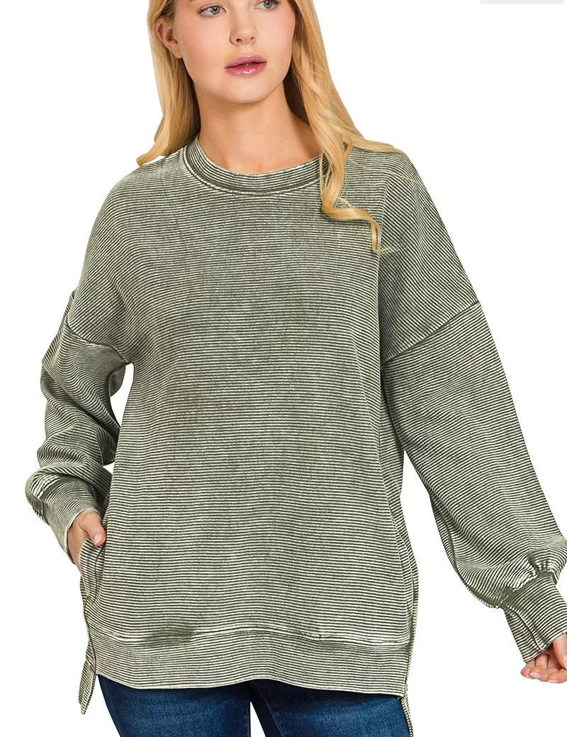 DK OLIVE Zenana Full Size Acid Washed Double Ribbed Hi-low Sweatshirt Plus Size | Sweatshirts Daverri Fashions