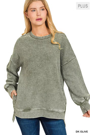 DK OLIVE Zenana Full Size Acid Washed Double Ribbed Hi-low Sweatshirt Plus Size | Sweatshirts Daverri Fashions