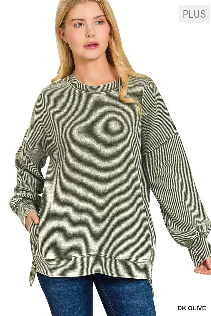 DK OLIVE Zenana Full Size Acid Washed Double Ribbed Hi-low Sweatshirt Plus Size | Sweatshirts Daverri Fashions