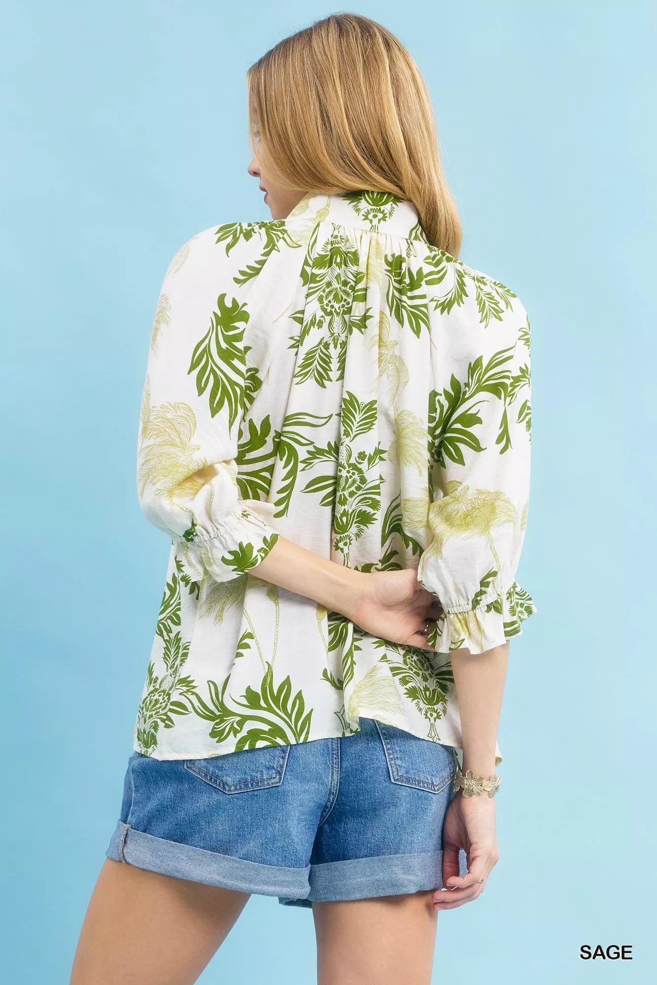 Umgee Leafy Damask Print Blouse with Contrast Scalloped Trim Detail | Blouses Daverri Fashions