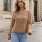 Beige cable-knit round neck dropped shoulder sweater with bell sleeves