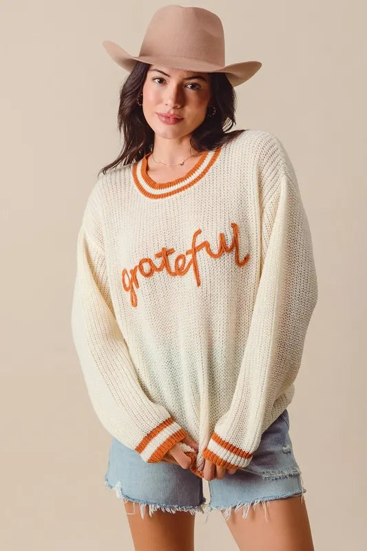 SO ME Thanksgiving Grateful Lettering Stitch Sweater Sweaters