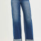 RISEN mid-rise wide straight jeans in blue denim with rolled cuffs