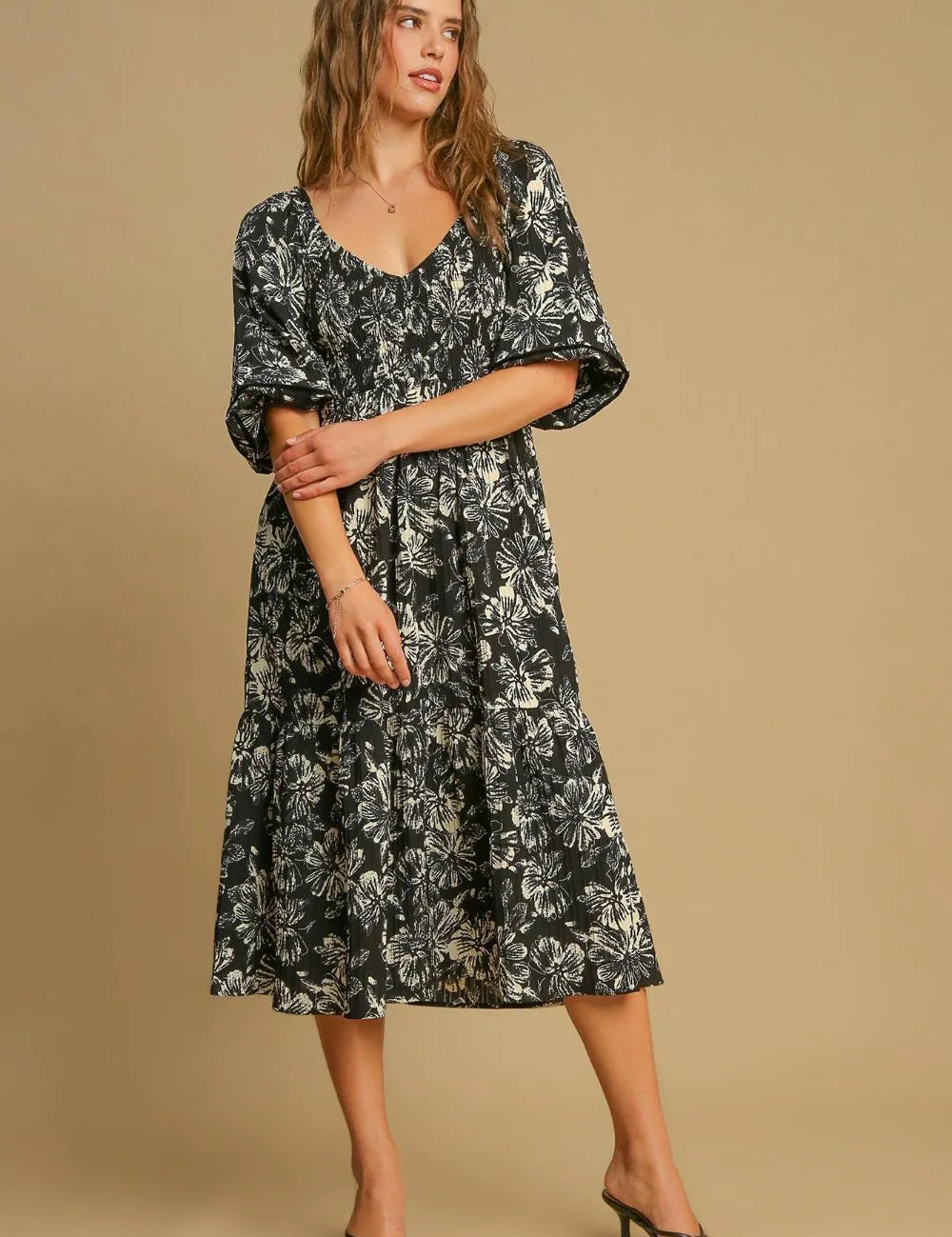 Black Umgee Ruffle Hem Flower Printed V-Neck Dress | Daverri Fashions