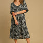 Umgee Ruffle Hem Flower Printed V-Neck Dress Black