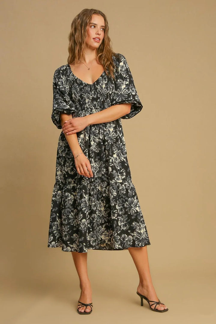 Umgee Ruffle Hem Flower Printed V-Neck Dress Black